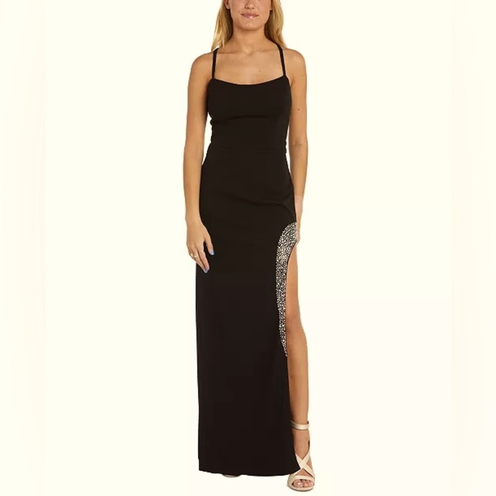 Women’s Rhinestone Trim Strappy Black Gown | Size 14